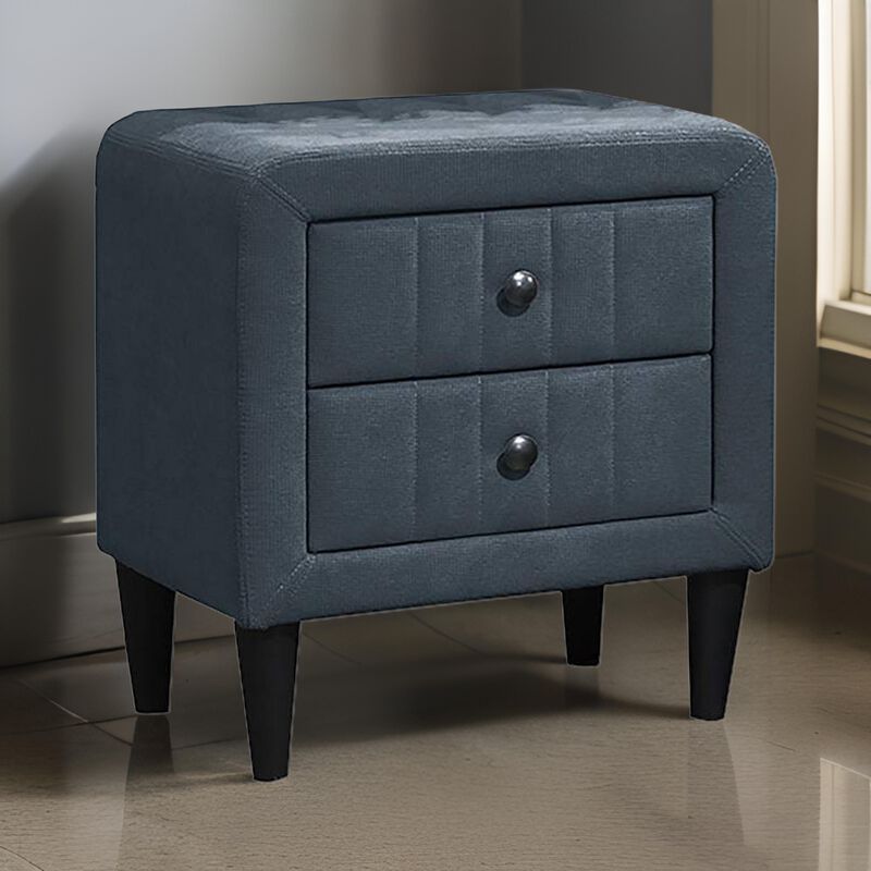 Rheo Nightstand, 2 Drawers, 22 Inch Upholstered in Charcoal Gray Linen - Benzara