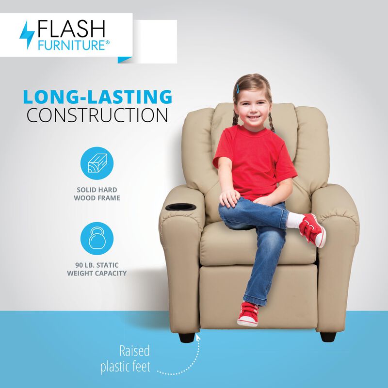 Flash Furniture Vana Vinyl Kids Recliner with Cup Holder, Headrest, and Safety Recline, Contemporary Reclining Chair for Kids, Supports up to 90 lbs., Beige