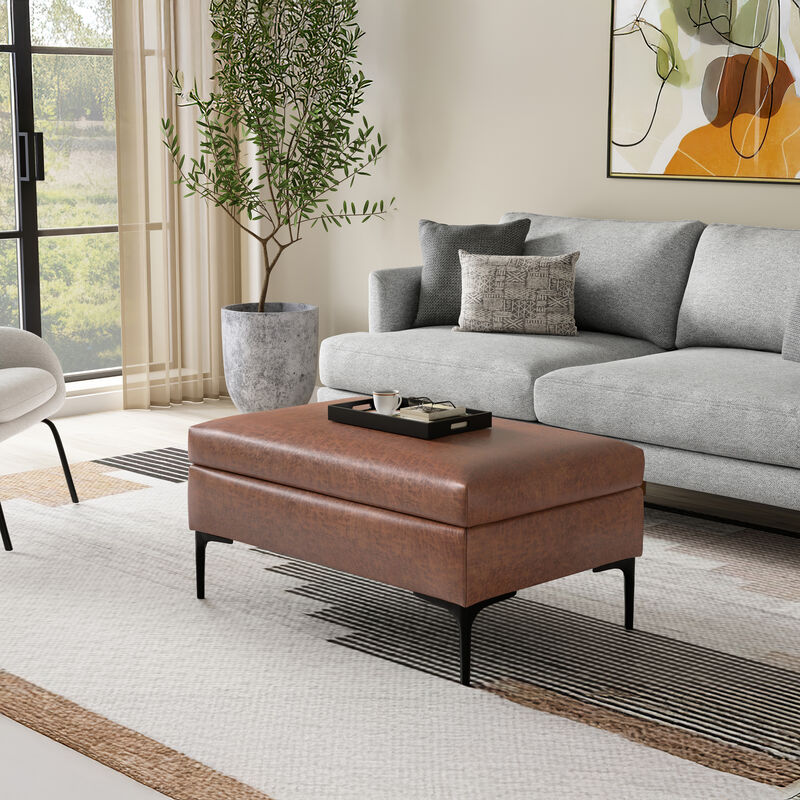 Rebecca 36 inch Wide Mid Century Rectangle Rectangular Coffee Table&nbsp;Storage Ottoman with Lift Up Lid in Distressed Saddle Brown Distressed Vegan Faux Leather, Assembled image number 2