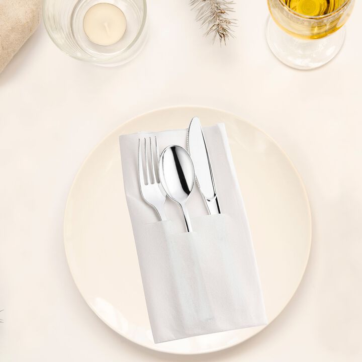 Silver Plastic Cutlery in White Pocket Napkin Set (70 Sets)