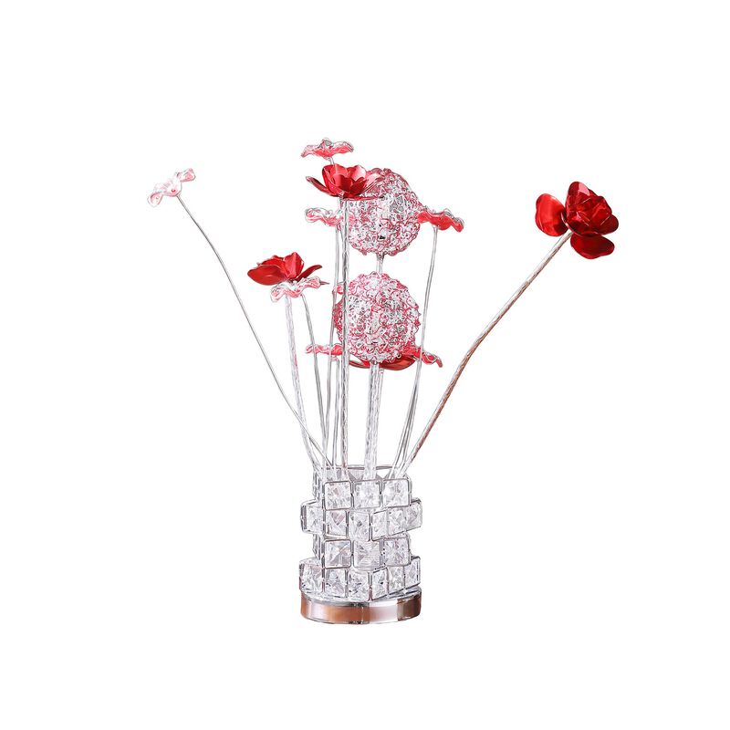 Accent Table Lamp, LED, Red Roses, Crystal Square Vase, Chrome 21 Inch - Benzara