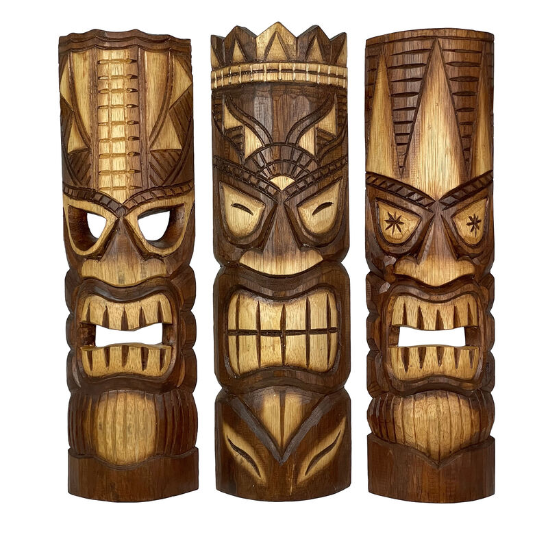 20 Inch Carved Wood Tiki God Masks Tropical Beach Hawaiian Home Decor Set of 3 image number 0