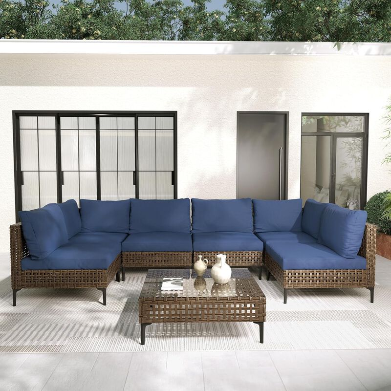 Mondawe Outdoor All Iron Detachable Rattan Corner Sofa Set,UV Resistant Waterproof Pad Sofa Set