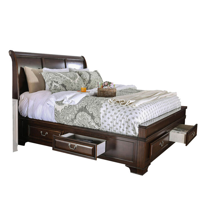 Lio Four Piece King Size Bedroom Set, Cherry Brown Wood Inlay Design, Silver Metal Handles - Benzara
