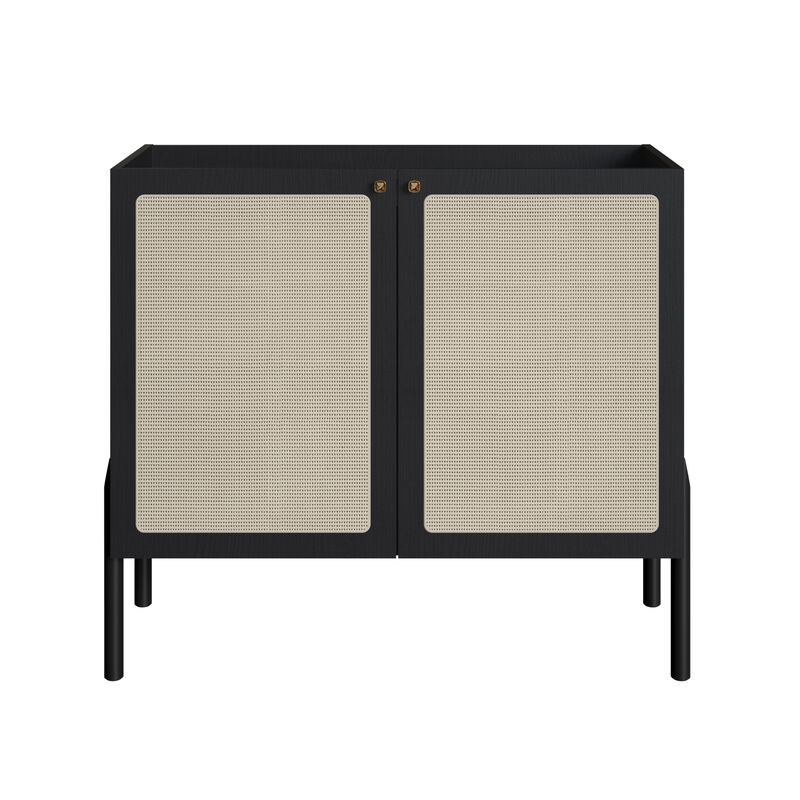 Boho Bar Cabinet   Wood Leg 2 Rattan Accent  Door Sideboard  -Nero Black