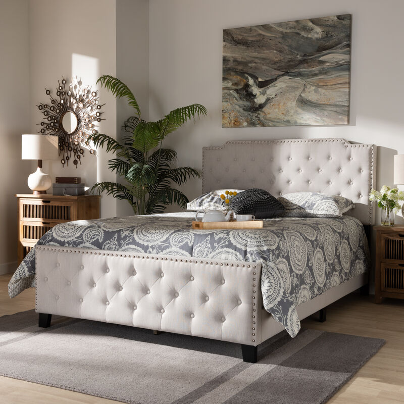 Baxton Studio Marion Transitional Cream Fabric Upholstered Button Tufted Queen Size Panel Bed