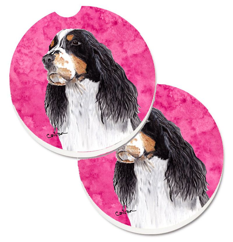 Caroline's Treasures Pink Springer Spaniel Set of 2 Cup Holder Car Coasters SC9134PKCARC, 2.56, Multicolor image number 0