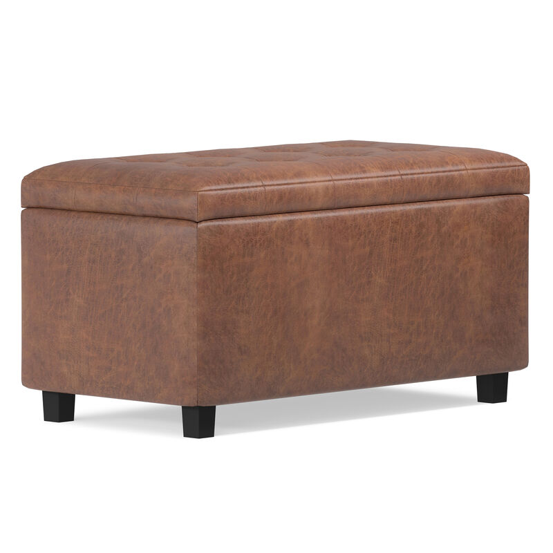 Cosmopolitan 34 inch Wide Transitional Rectangle Storage Ottoman in Distressed Saddle Brown Vegan Faux Leather, Assembled