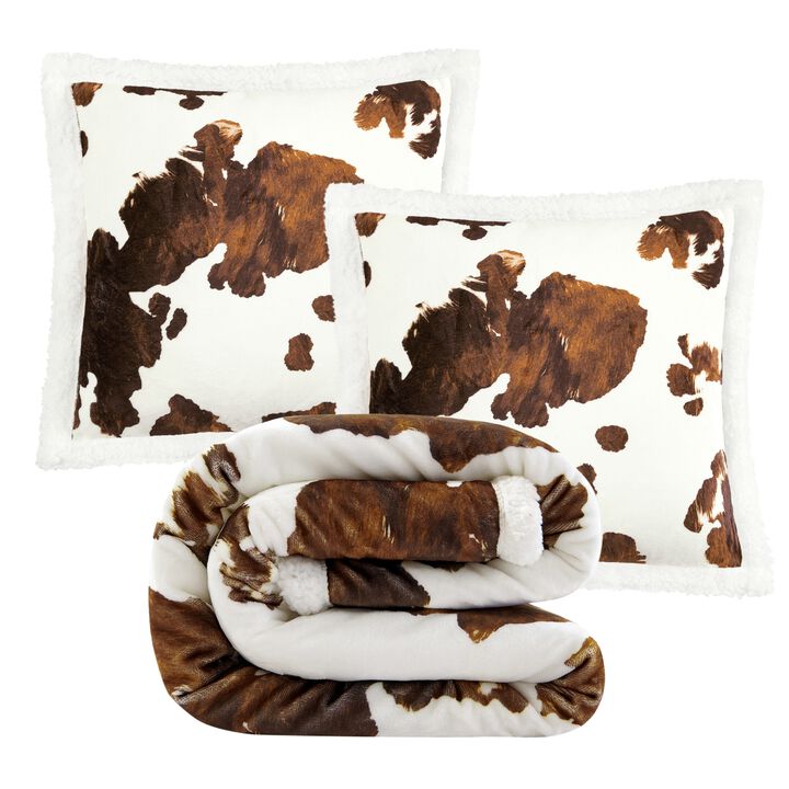Elsa Cowhide Campfire Brown Sherpa Throw Set