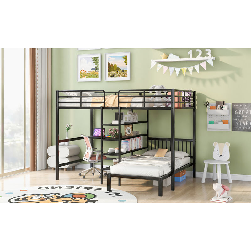 Full Over Twin Metal Bunk Bed with Built-in Desk, Shelves and Ladder, Black