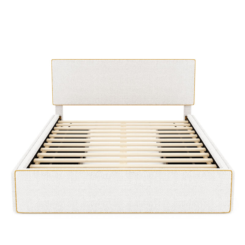 Queen Size Upholstered Platform Bed with 4 Drawers and Golden Edge on the Headboard & Footboard, White