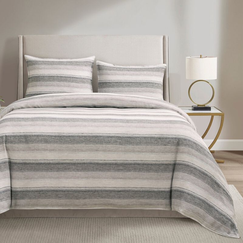 French Flax Linen Queen Variegated Stripe Duvet Cover Set in Charcoal image number 1