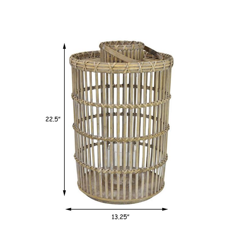 Yin 23 Inch Tabletop Decorative Lantern, Handle, Cage Shape, Brown Natural - Benzara