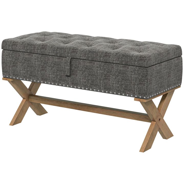 Upholstered Bedroom Bench, End of Bed Bench, Ottoman with Wood Legs, 35.75"W x 16.25"D x 19.75"H, Gray