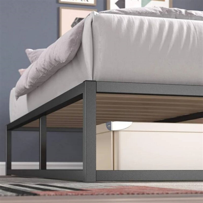 Modern Metal Platform Bed with Wood Slats – Low Profile Frame, No Box Spring Required