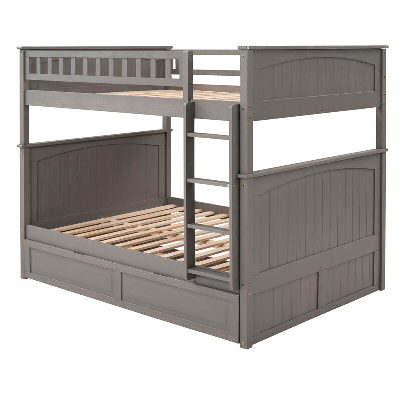 Full Over Full Bunk Bed With Twin Size Trundle, Pine Wood Bunk Bed With Guardrails, Gold