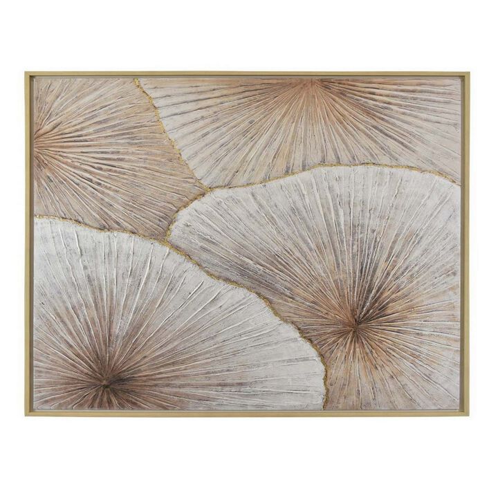 40 x 40 Inch Framed Abstract Wall Art, Leaf Canvas Oil Painting, White Gold - Benzara