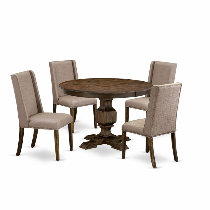 East West Furniture F3FL5-716 5Pc Dining Set - Round Table and 4 Parson Chairs - Distressed Jacobean Color