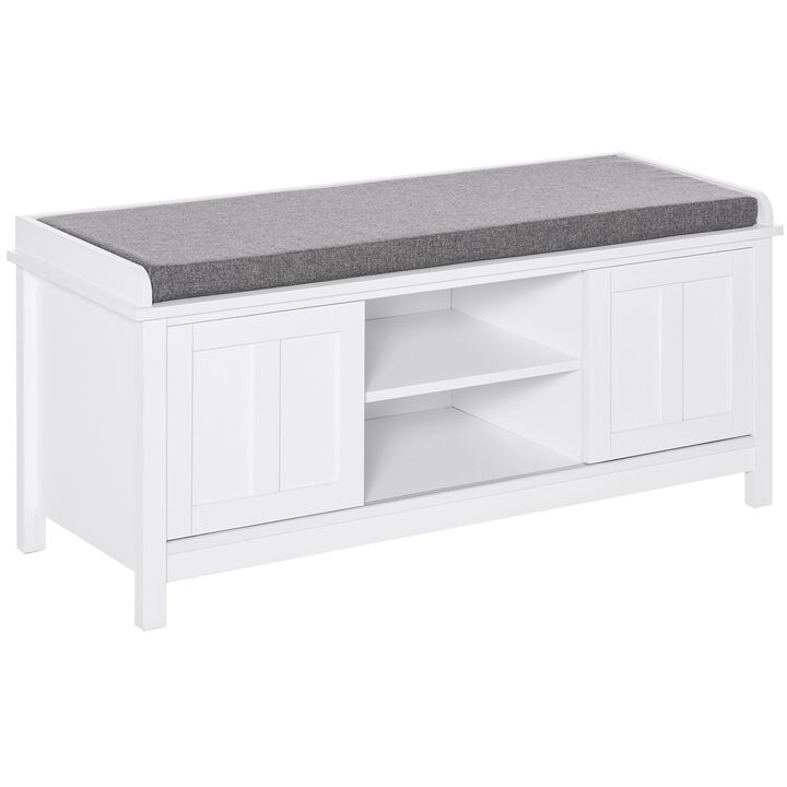 White Entryway Storage: Shoe Bench with Sliding Barn Door and Cushion