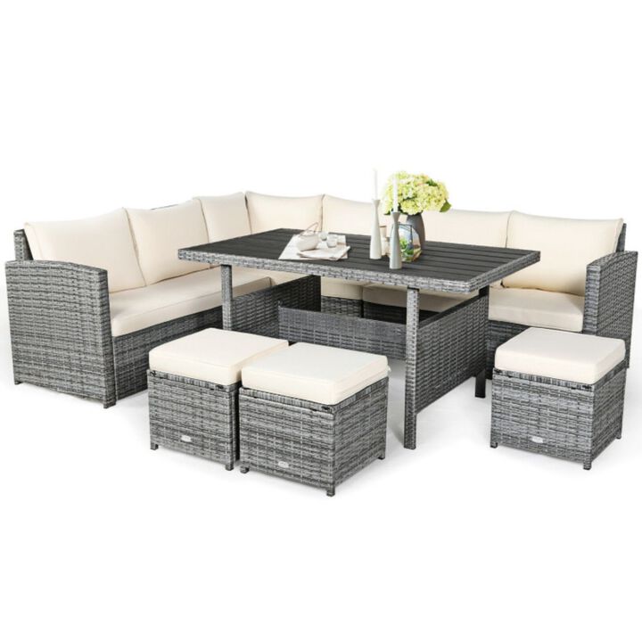 Hivvago 7 Pieces Patio Rattan Dining Furniture Sectional Sofa Set with Wicker Ottoman