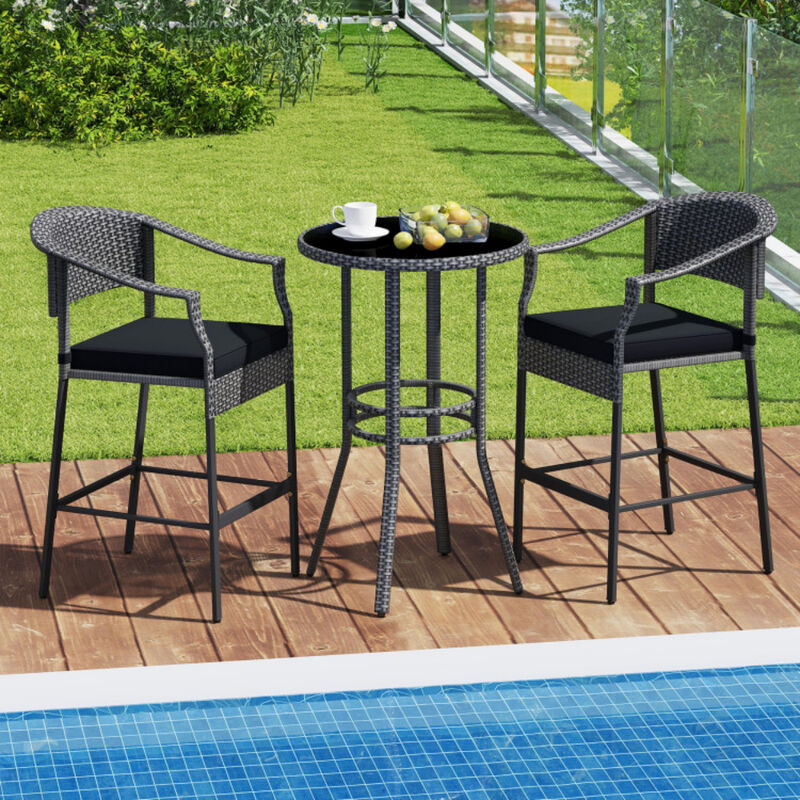 3-Piece Patio Rattan Bar Set with Tempered Glass Top for Backyard Poolside