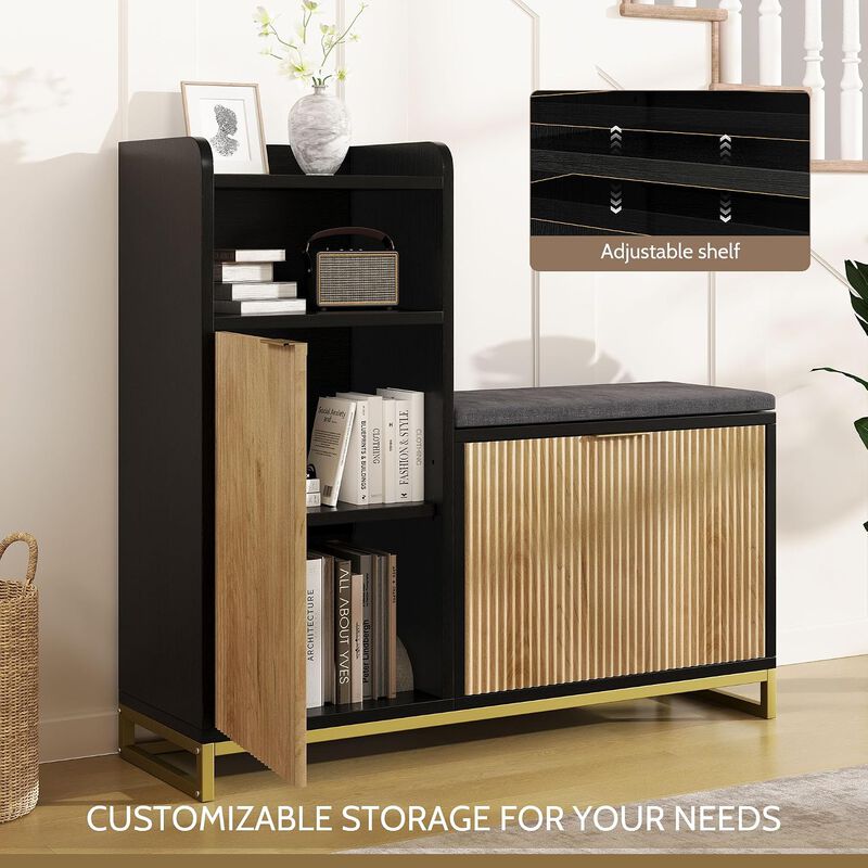 L-Shaped Shoe Storage Bench with Flip Drawer & Adjustable Shelves, 39" Entryway Bench with Thickened Padded Seat Cushion, Shoe Rack for Entryway image number 3