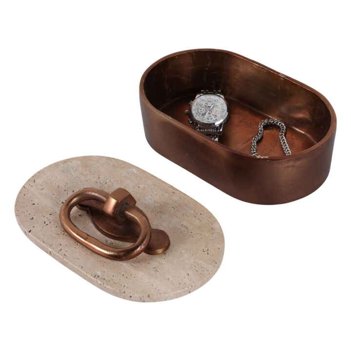 8x5" Travertine & Antique Brass Oval Box, Tan/bron