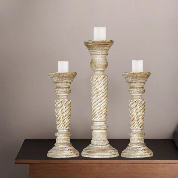 Traditional Antique White Eco-friendly Handmade Mango Wood Set Of Three 9",15" & 9" Pillar Candle Holder BBH Homes