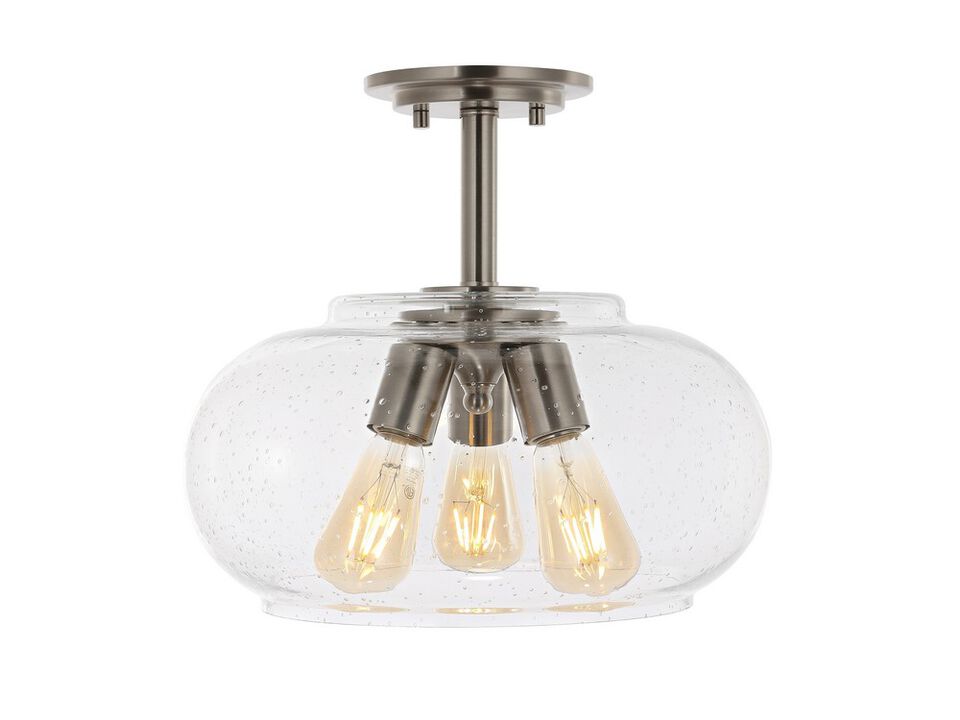 Lina 13.75" 3-Light Modern Industrial Iron/Seeded Glass LED Semi Flush Mount, Nickel/Clear