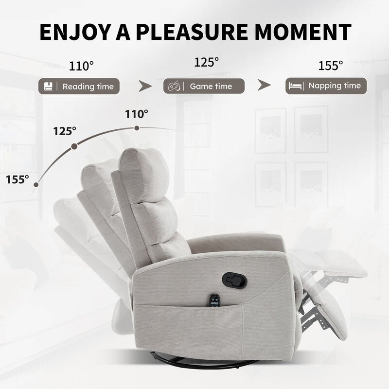 Heat Massage Manual Recliner Chair with Rocker and Swivel in Fabric for Living Room, White