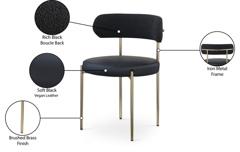 Meridian Furniture Beacon Black Vegan Leather and Boucle Fabric Dining Chair, Set of 2