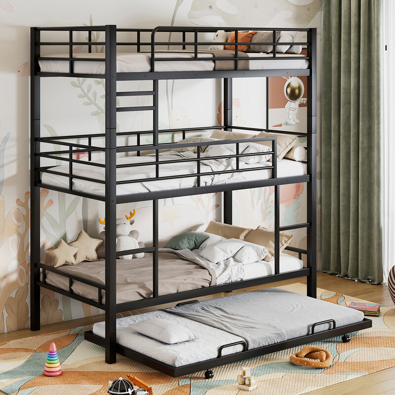 Whisen Metal Twin Size Triple Bunk Bed With Trundle- Black