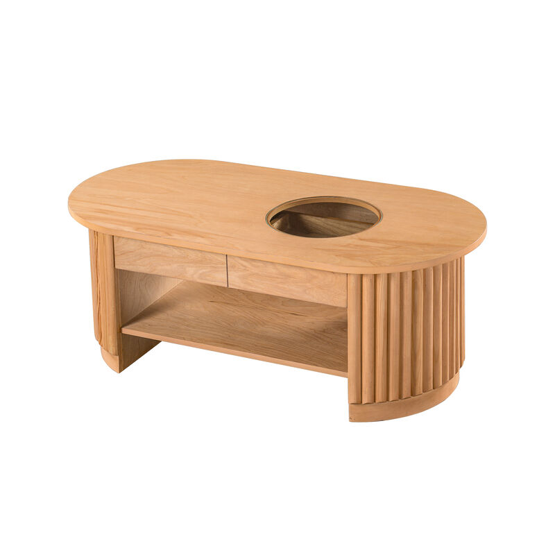 Merax Fluted Oval Coffee Table with 2 Pull-Out Side Drawers, Heat/Scratch-Resistant Glass Insert image number 6