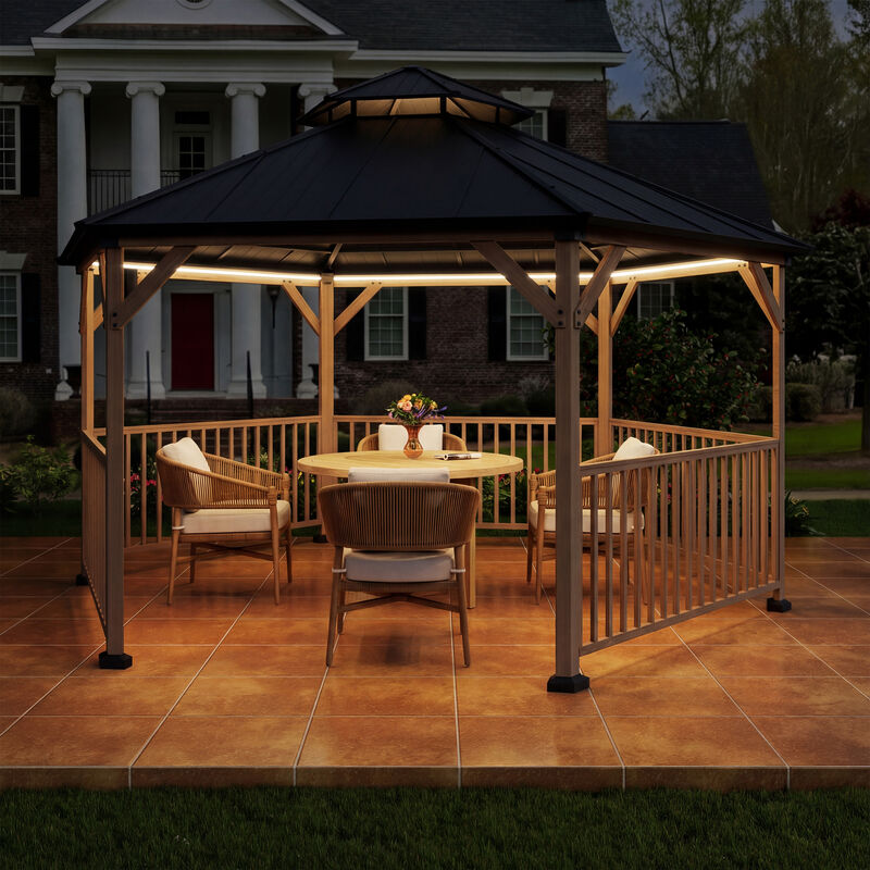 Mondawe 15Ft Hexagonal Hardtop Gazebo with Solar LED Light and Modular Safety Fence, Gray image number 2