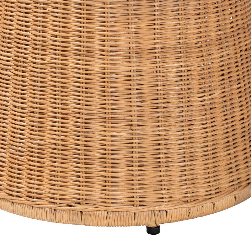 bali & pari Caroline Round Natural Rattan End Table &ndash; Handwoven Wicker Drum Shape Accent Table for Living Room or Sunroom, Light Honey.