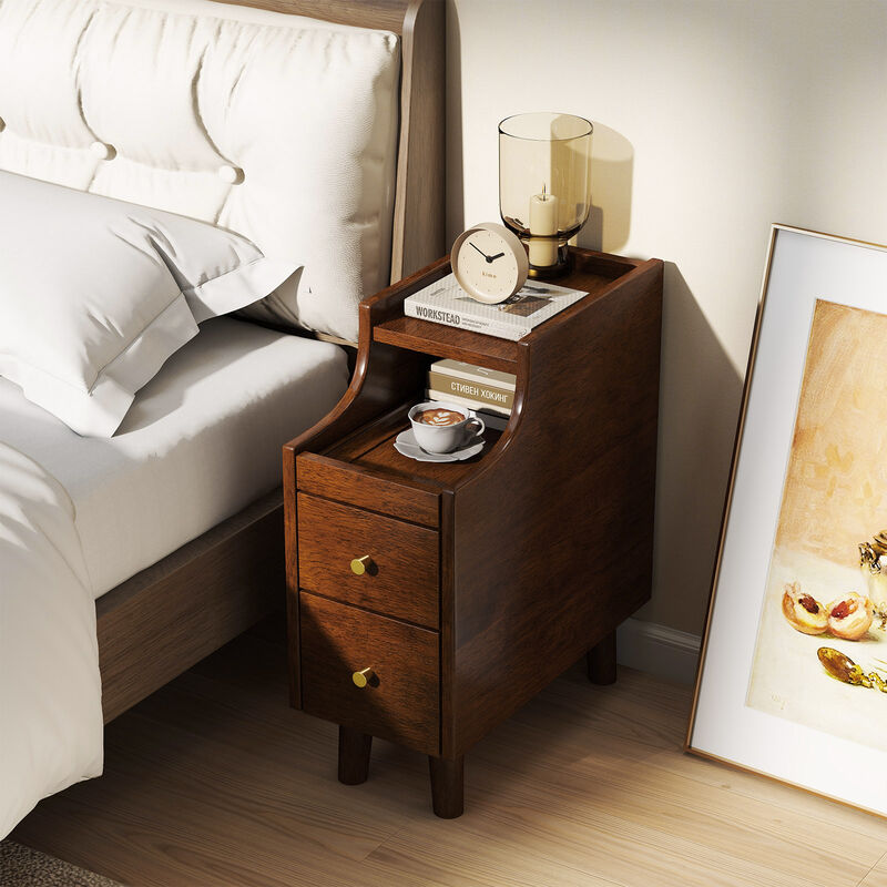 Solid Wood Nightstand with Pull-Out Tray and 2 Drawers, Narrow Bedside Table image number 3