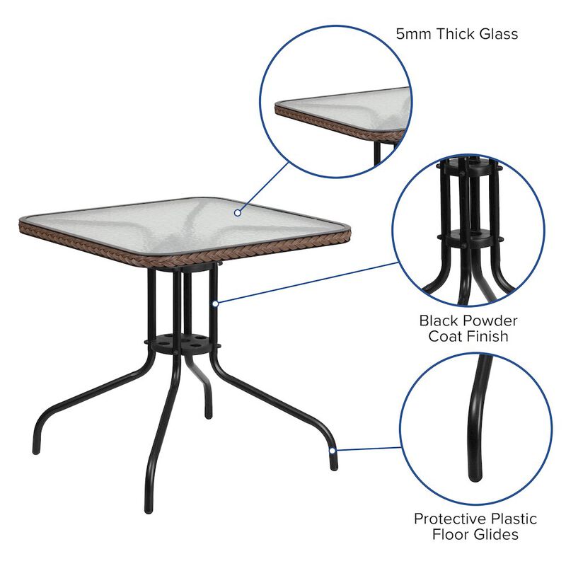 Flash Furniture 28'' Square Tempered Glass Metal Table with Dark Brown Rattan Edging image number 2