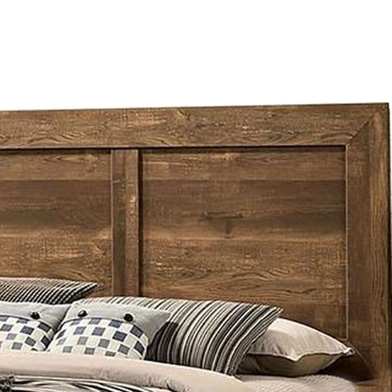 Rustic Style Wooden Queen Bed with Grain Details, Brown-Benzara
