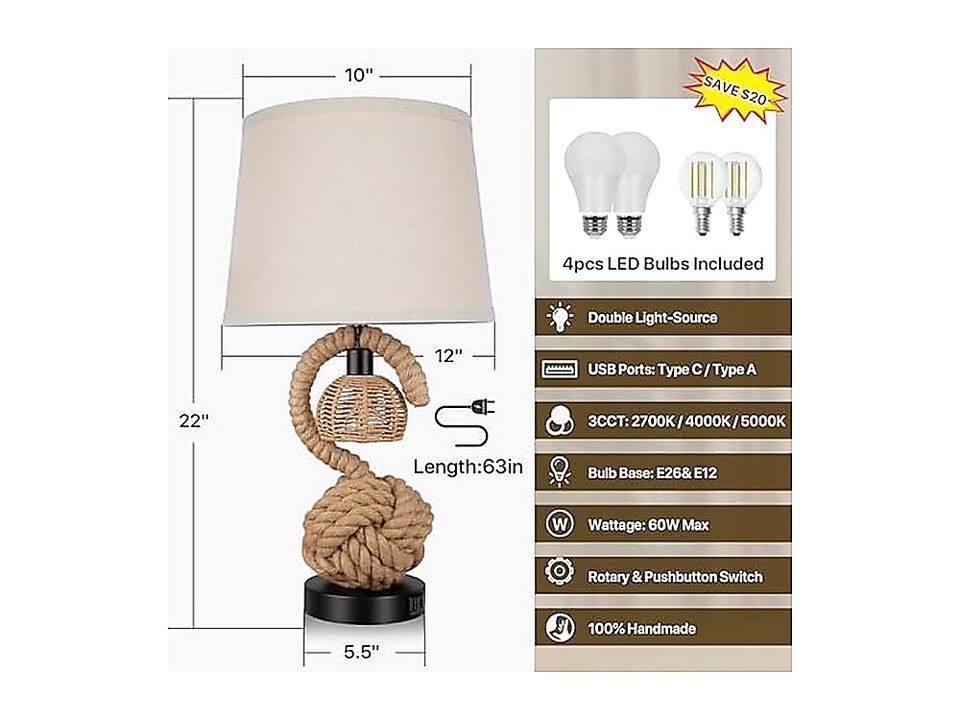 22 Rope Lamps Night Stands Dual Lights Bedside Set 2 Boho Table Living Room