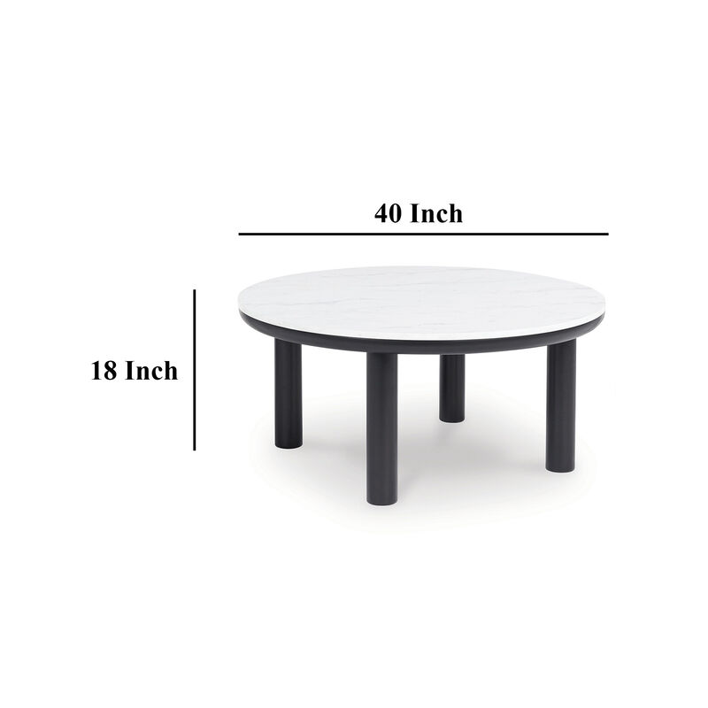 Dae 3pc Coffee and End Table Set, Round White Faux Marble, Black