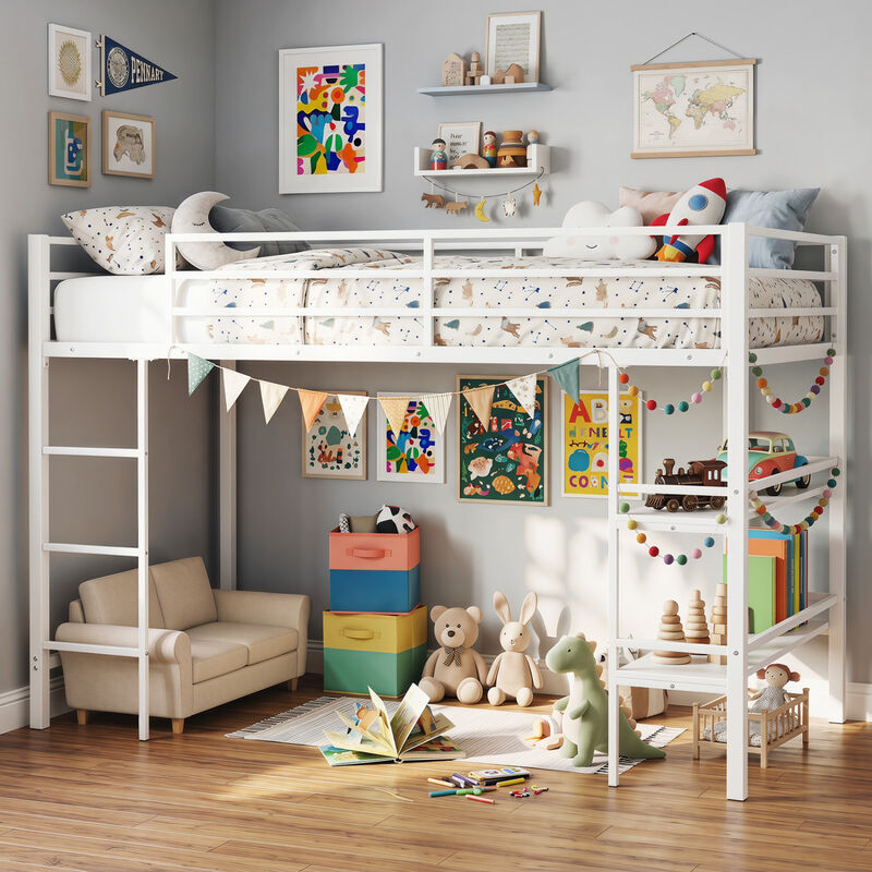 Twin Size Low Loft Bed with Ladder and Storage Shelves Metal Frame image number 5