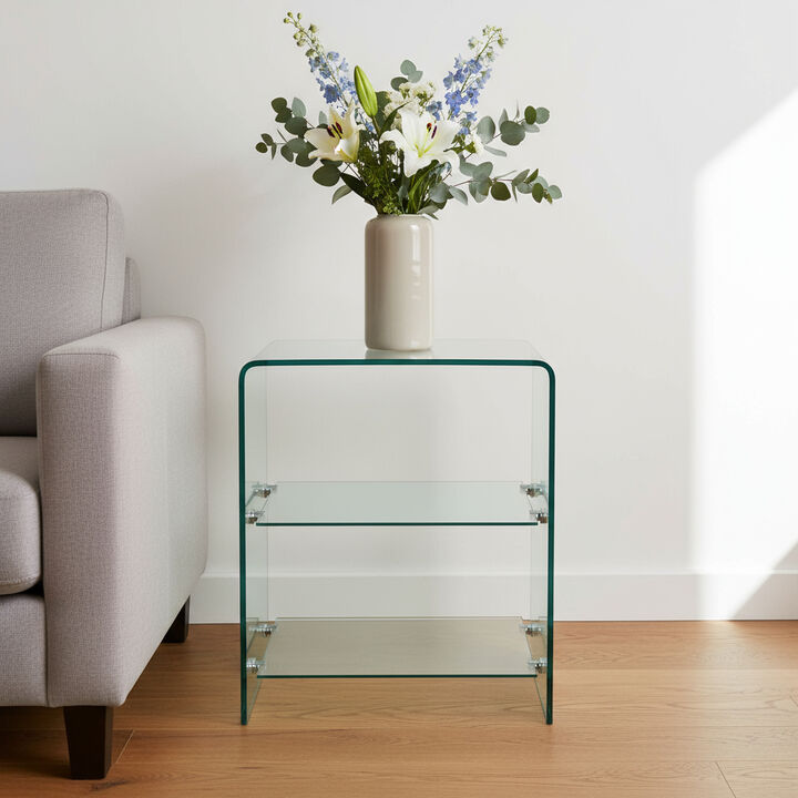 HomeRoots 18" Clear Glass Floor Shelf End Table With Two Shelves
