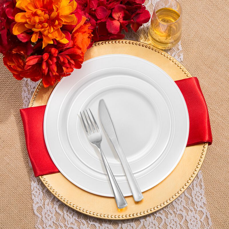 White with Silver Edge Rim Plastic Wedding Value Set (30 Sets) image number 1