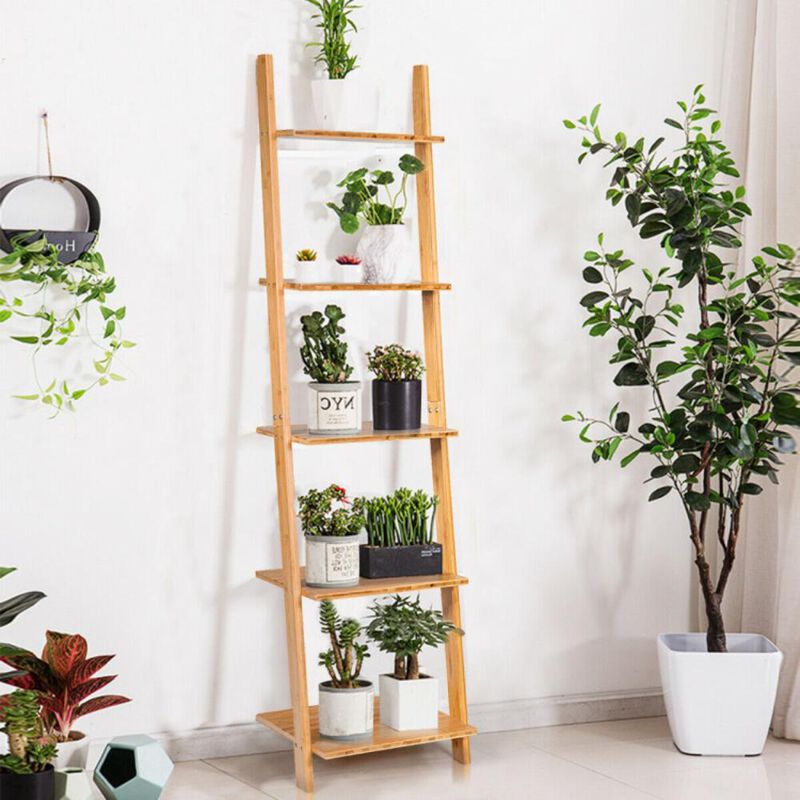 Hivvago 5-Tier Modern Bamboo Wall-Leaning Display Ladder Bookshelf