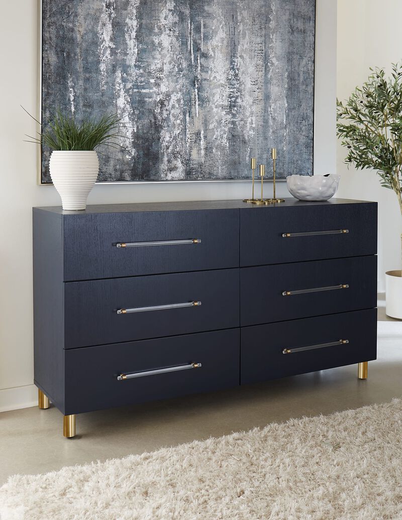 Argento Six Drawer Dresser in Navy Blue and Burnished Brass