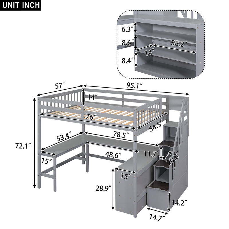 Merax Full Size Loft Bed with Built-in L-Shaped Desk and Three-Tier Storage Shelves
