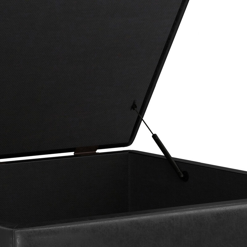 Shay 38 inch Wide Mid Century Modern Square Mid Century Large Square Coffee Table Storage Ottoman in Distressed Black Vegan Faux Leather, Assembled