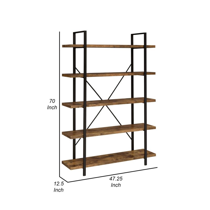 Ana 70 Inch Wood Bookcase, 5 Shelves, Crossed Metal Design, Rustic Brown-Benzara