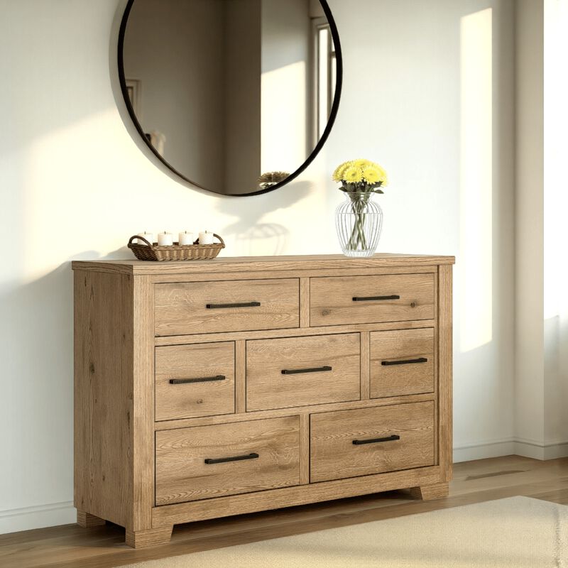 Dani Wide Dresser, 7 Drawer, Rustic Brown Solid Hardwood, 66 Inch  - Benzara