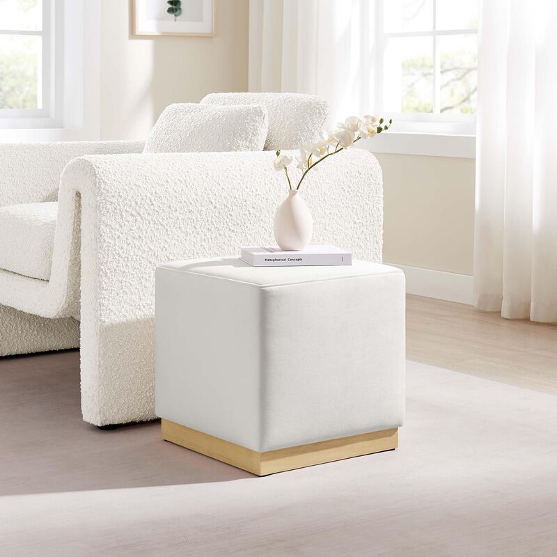 Modway Tilden 17 Inch Square Performance Velvet Upholstered Ottoman in Alabaster Natural - Small Ottoman Foot Rest with Rubberwood Plinth Base - Living Room Ottoman Side Table, image number 4